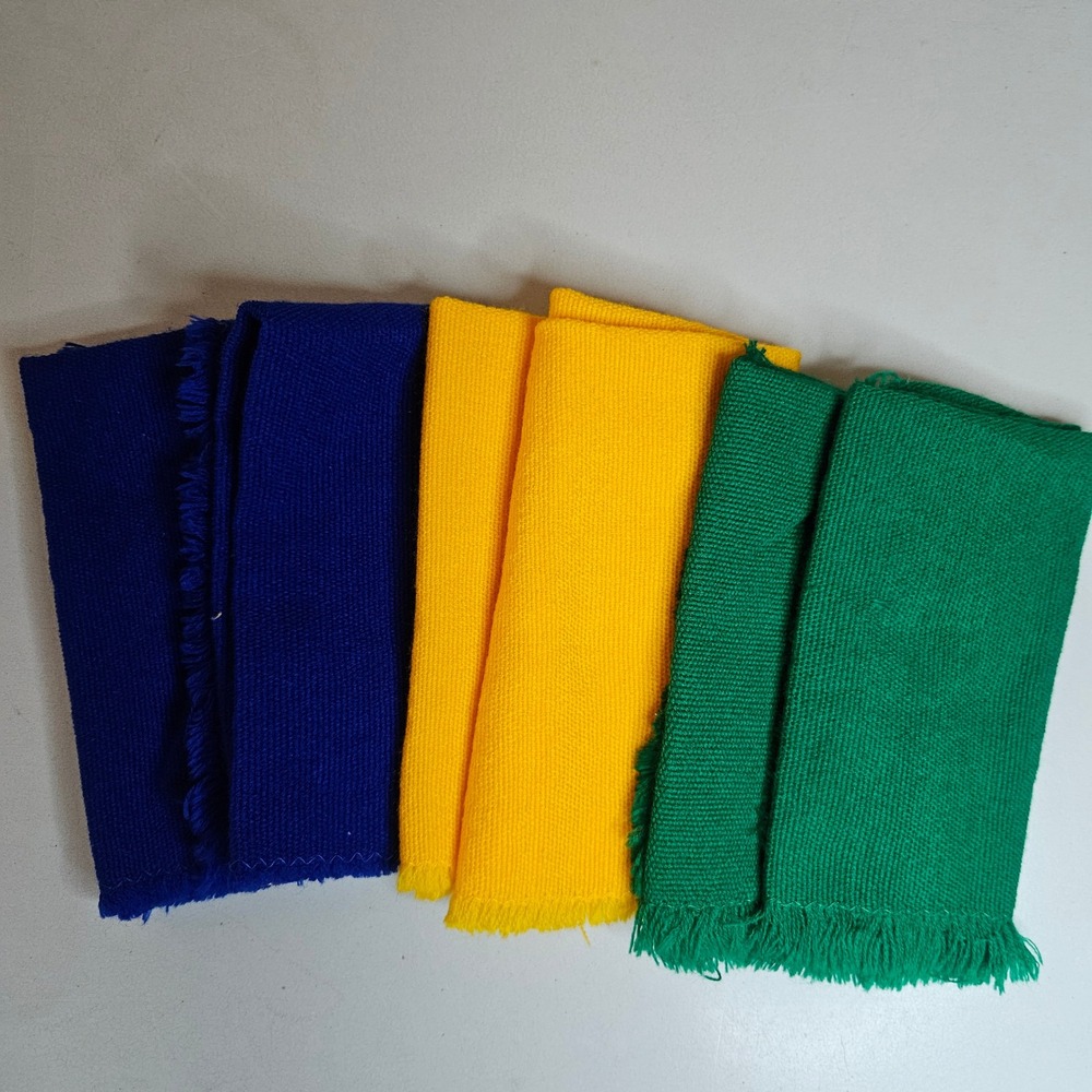 Vtg Fringed Cloth Napkins‎ Set of 6 Blue Yellow Green Woven Retro Linens Fiesta